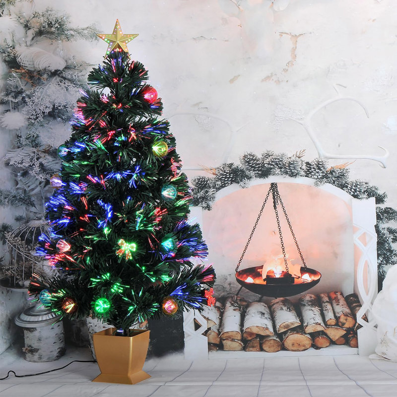 Charlton Home 3Ft Green Fiber Optic Christmas Tree Prelit Artificial Tabletop Mini Christmas Tree Star Butterfly And Ball Ornaments For Best Holiday Home Decorations Wayfair